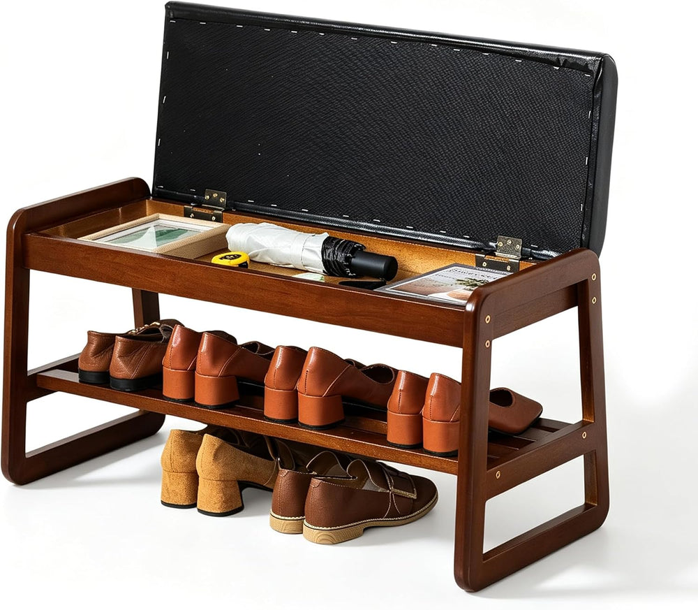 SOBIBO Solid Wood Shoe Rack Bench with Flip-Top Storage, Black, 31.5"