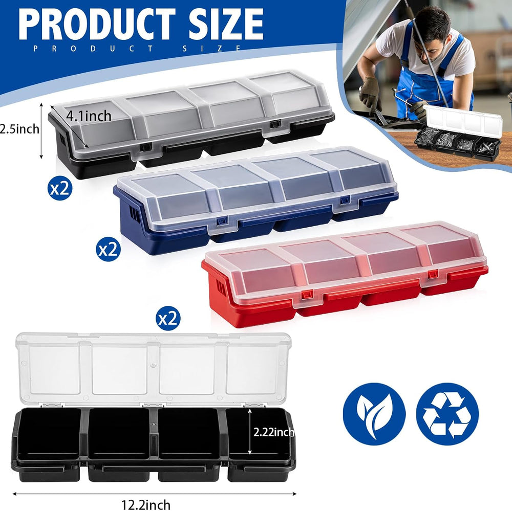 Hushee 6 Pcs Screw Organizer Box with Lid 4 Compartments, Blue,Red,Black