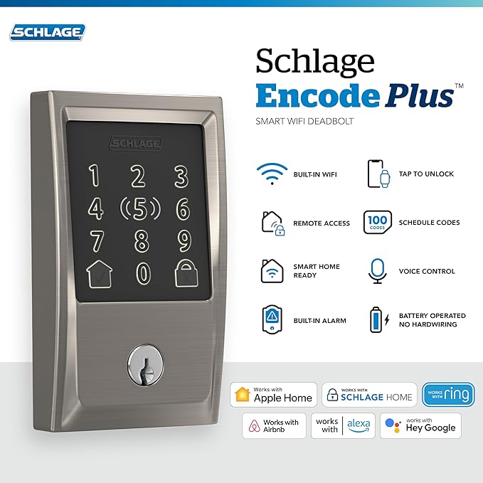 Schlage BE499WB CEN 619 Encode Plus WiFi Deadbolt Smart Lock, Keyless Entry