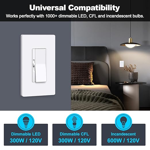 BESTTEN 6 Pack Super Slim Dimmer Light Switch, Quiet Rocker, Single Pole or 3