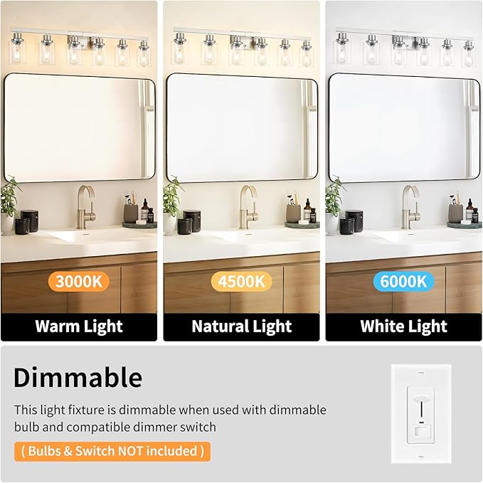DIKAIDA Bathroom Vanity Light, 6-Light Nickel Modern Matte Wall Sconce Lighting