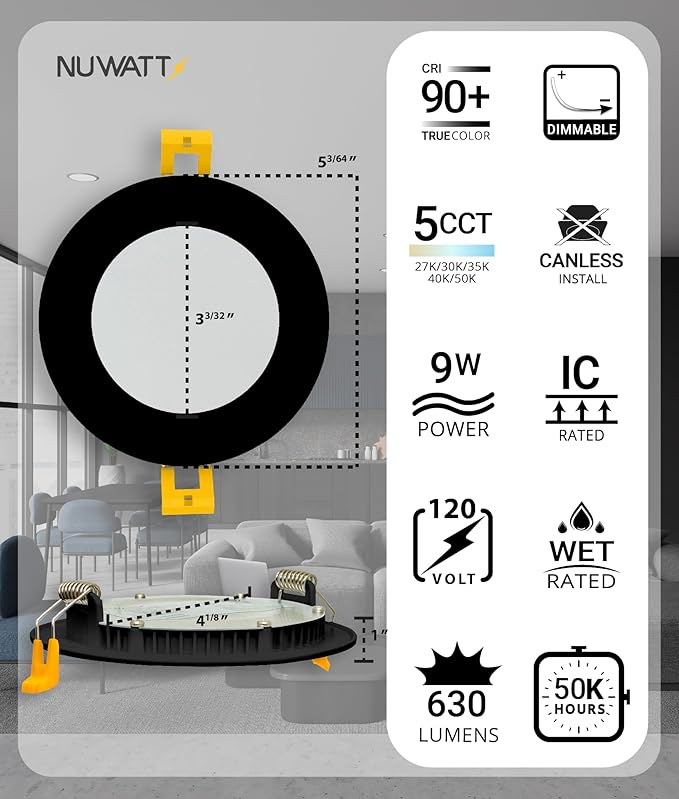 NUWATT 6 Pack, 4 Inch Ultra-Thin LED Recessed Lighting Black, 5CCT