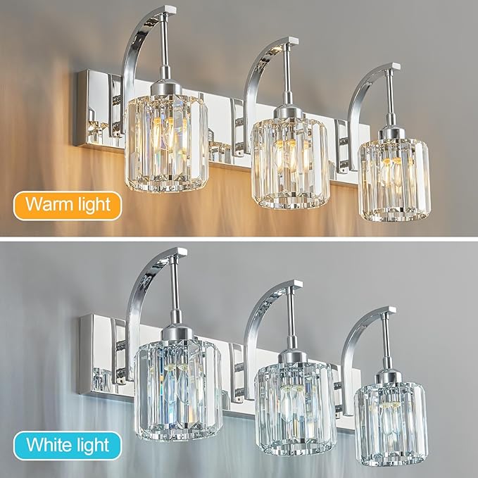 FDPBY 3-Light Crystal Vanity Light, Modern Chrome Bathroom Wall Sconce