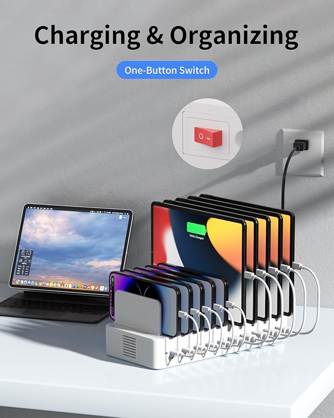 100W Charging Station for Multiple Devices, 10-Port USB Fast Charging Station