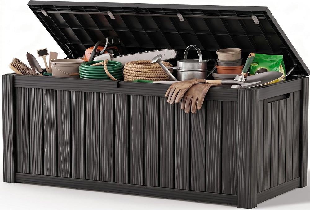 Outdoor Storage Box, 260 Gal Waterproof Resin Deck Box w/Support Rod