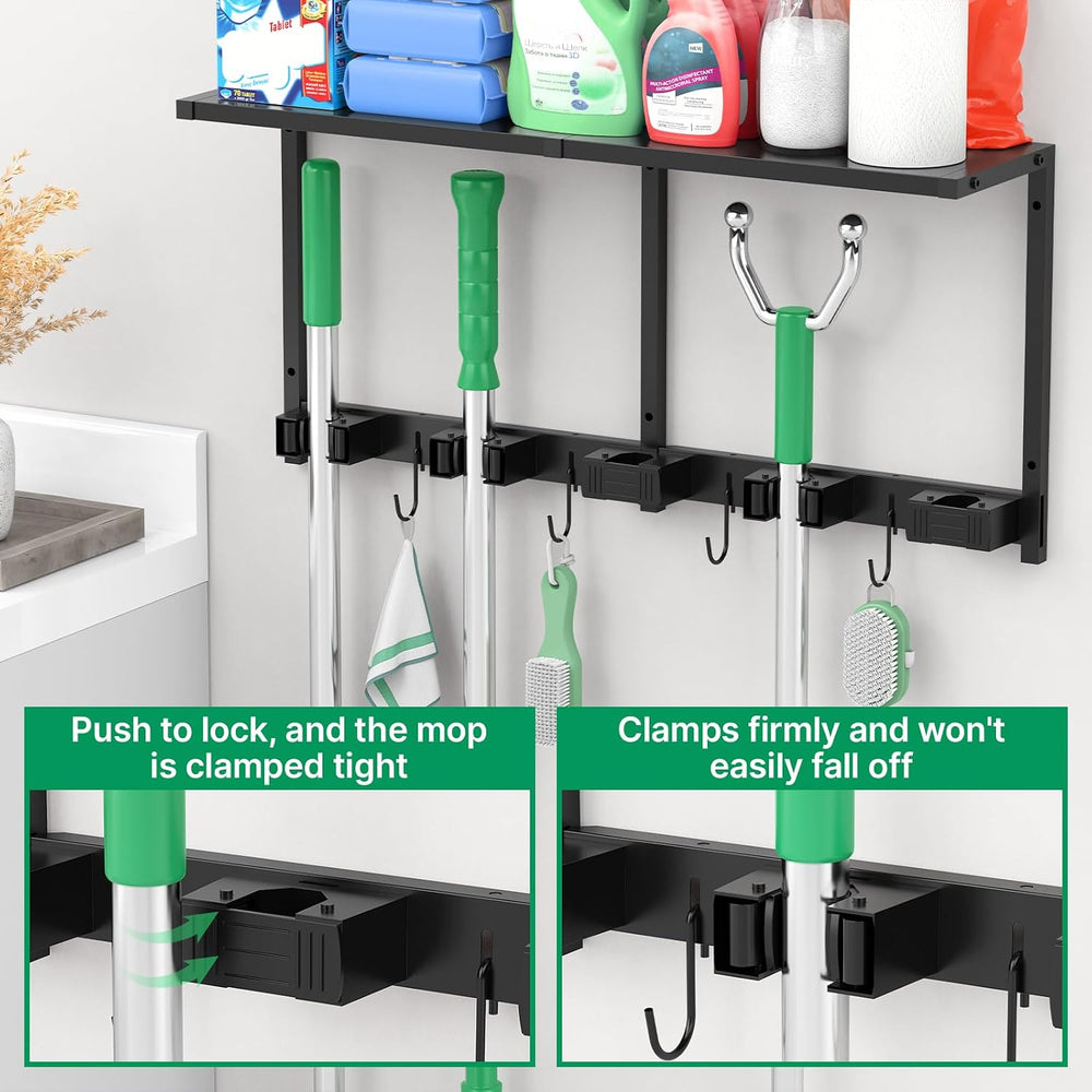 CCCEI Broom Holder Wall Mount with Metal Shelf, Black, 1