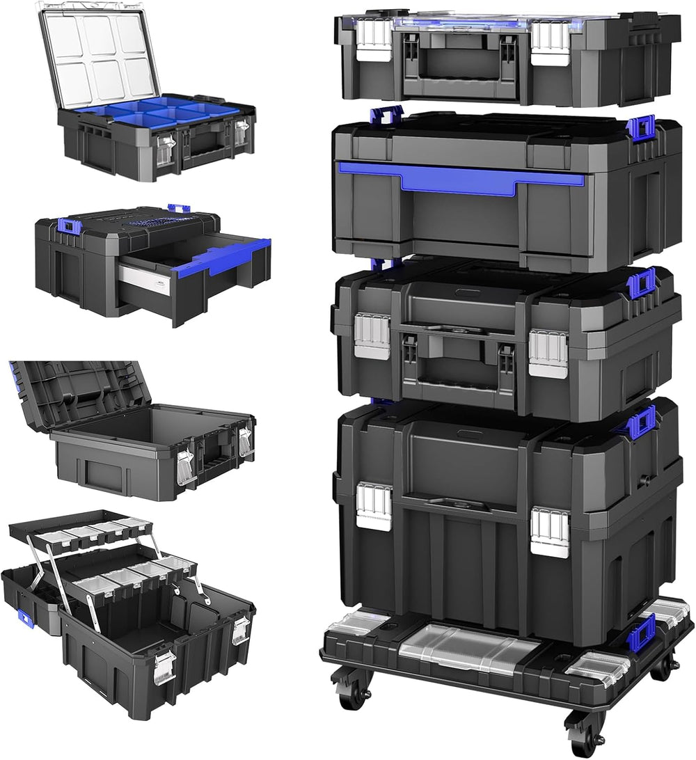 AIRAJ 4 Tier Rolling Tool Box with Wheels, 18” Stackable Tool Box Organizer