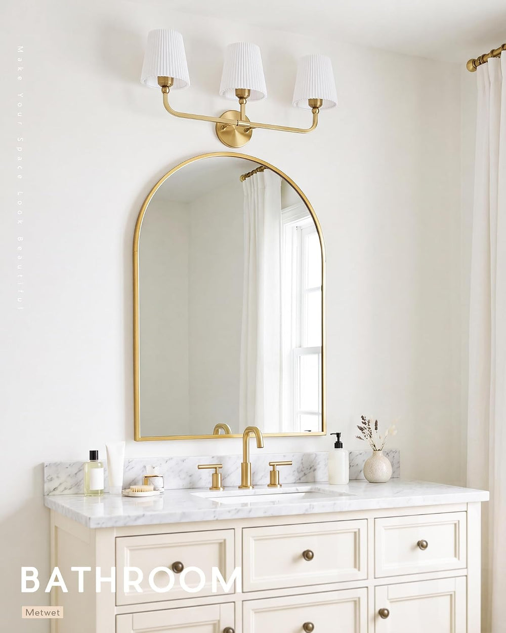 3-Light Brushed Gold Bathroom Vanity Light, Pleated Fabric Shade