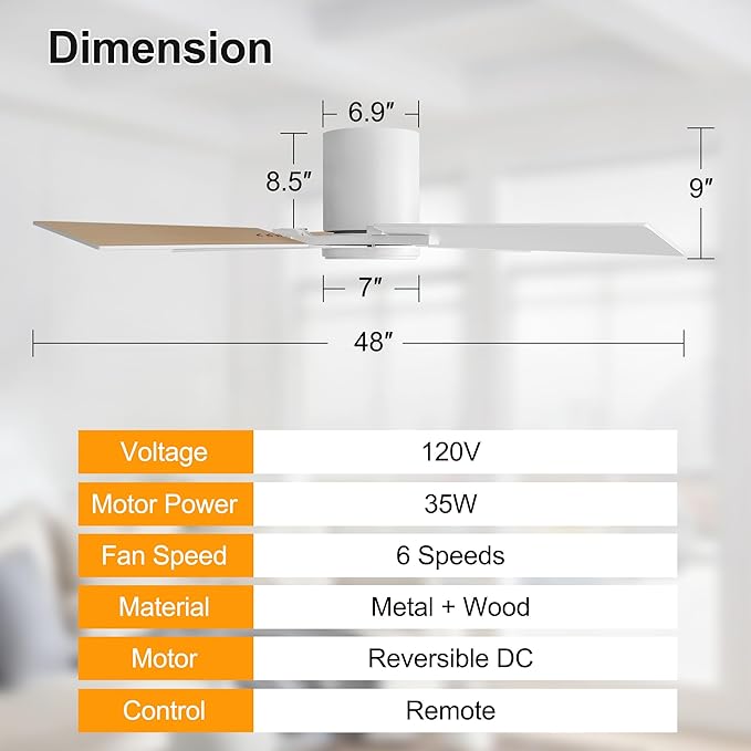 WINGBO 48 Inch Flush Mount Ceiling Fan without Light