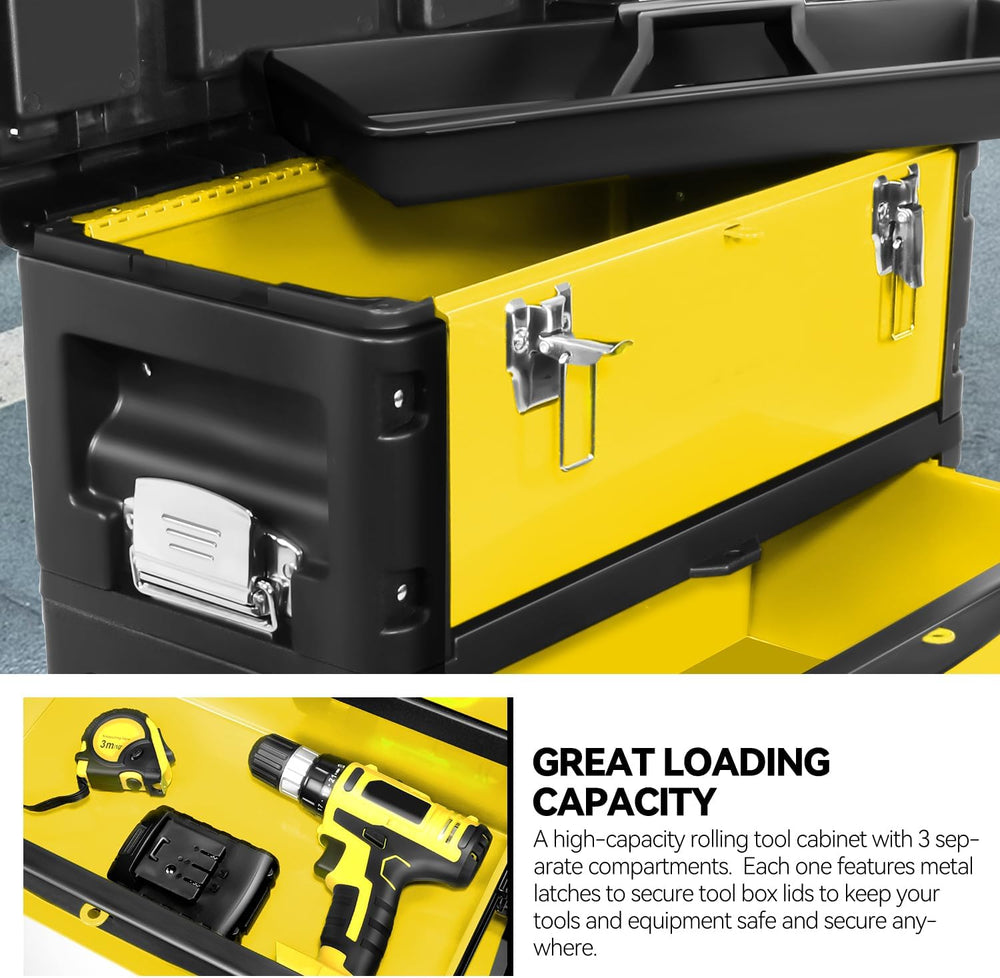 Auto Dynasty 3-Tier Rolling Trolley Tool Box Stackable w/Wheels, Yellow