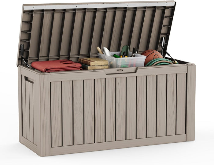 80 Gallon Deck Box, Waterproof Resin Outdoor Storage Box Lockable for Patio Furniture, Fade Resistant Patio Side Table & Organizer for Garden Tools, Pool Floats, Outdoor Cushions, Light Coffee