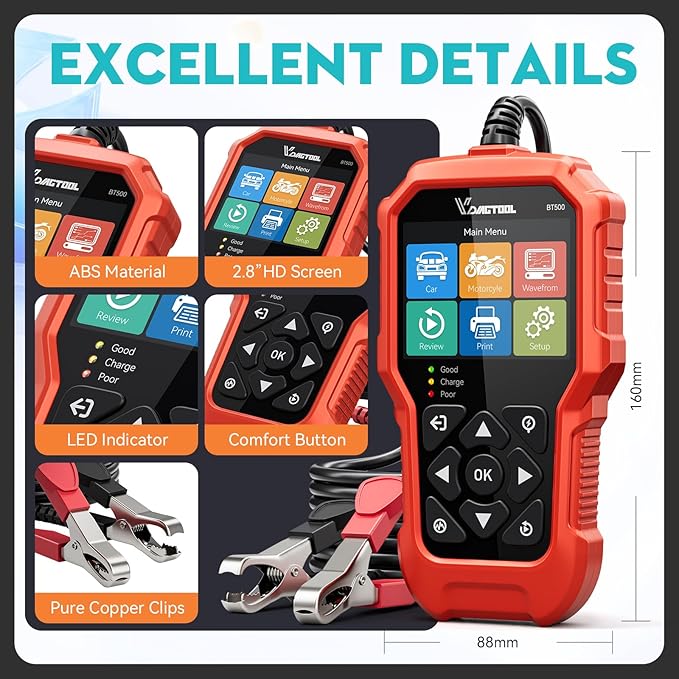 Car Battery Tester 6V 12V 24V VDIAGTOOL BT500, 5-3000 CCA Battery Load Tester