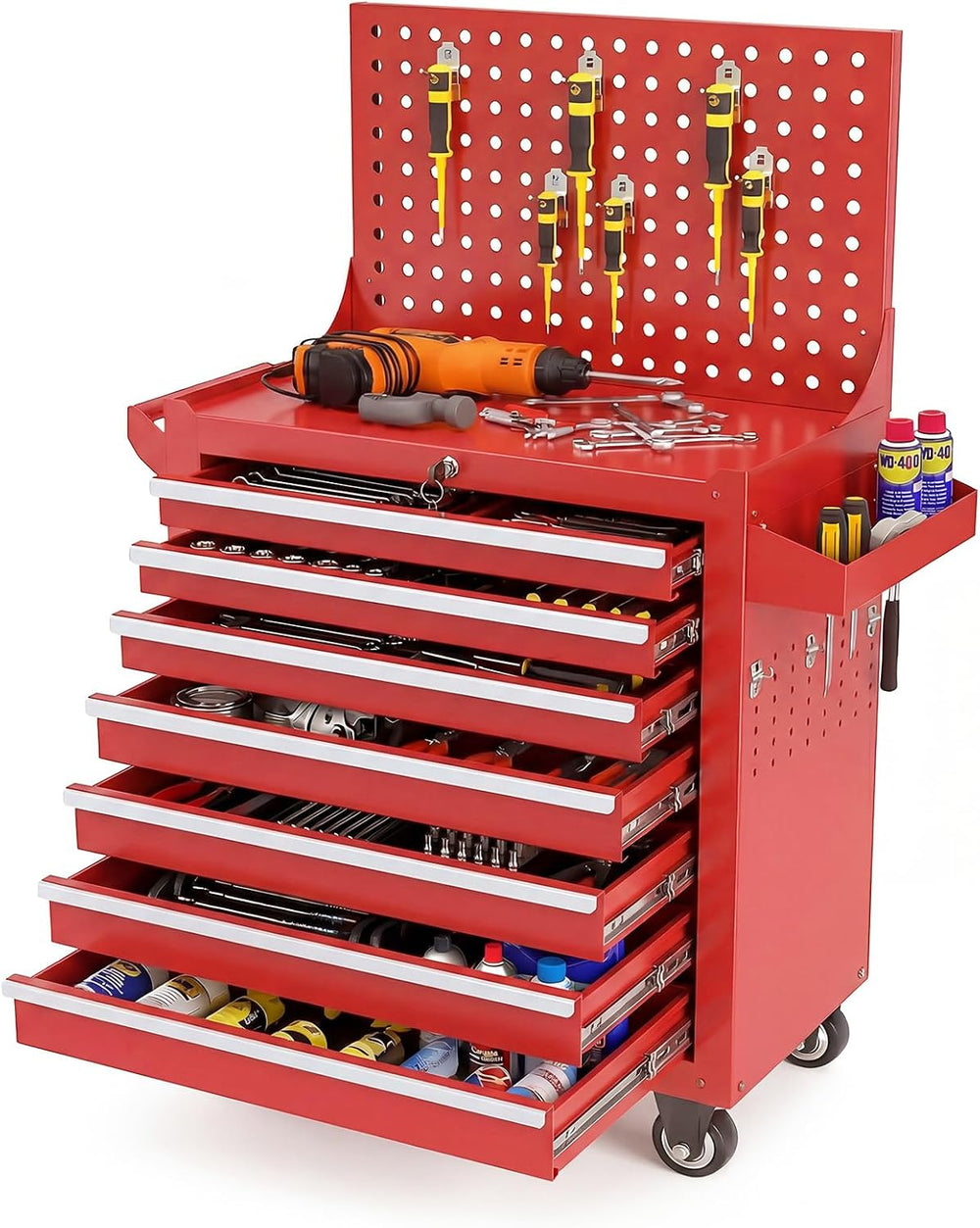 Rolling Tool Chest with Wheels, 7 Drawers Metal Tool Box with Pegboard