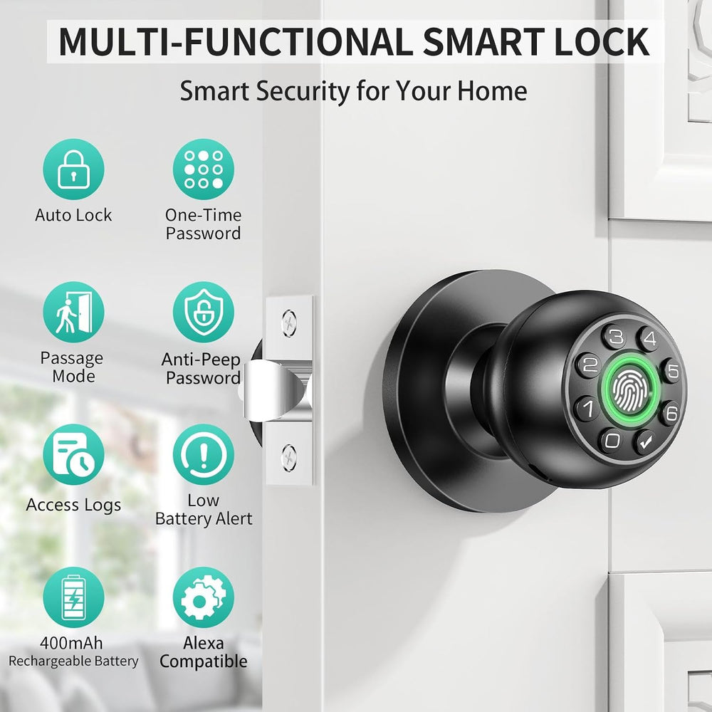 Fingerprint Door Lock Biometric Keypad Smart Door Knob | Bedroom Passcode Han...