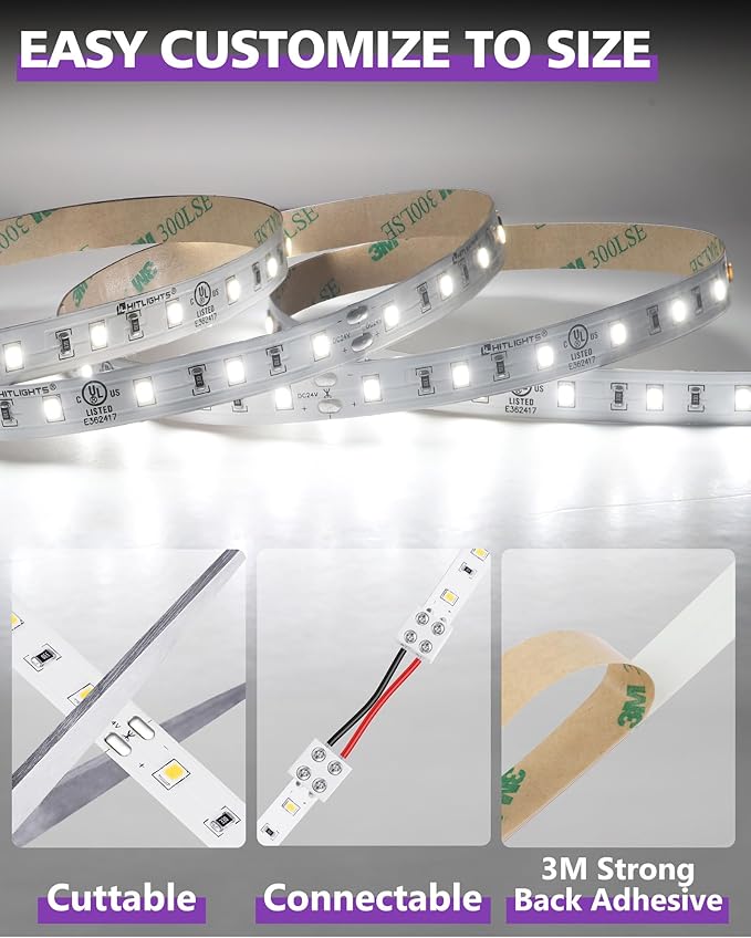 HitLights White LED Strip Lights 5000K 24V, 26.2ft Cuttable Tape Backed 3oz PCB