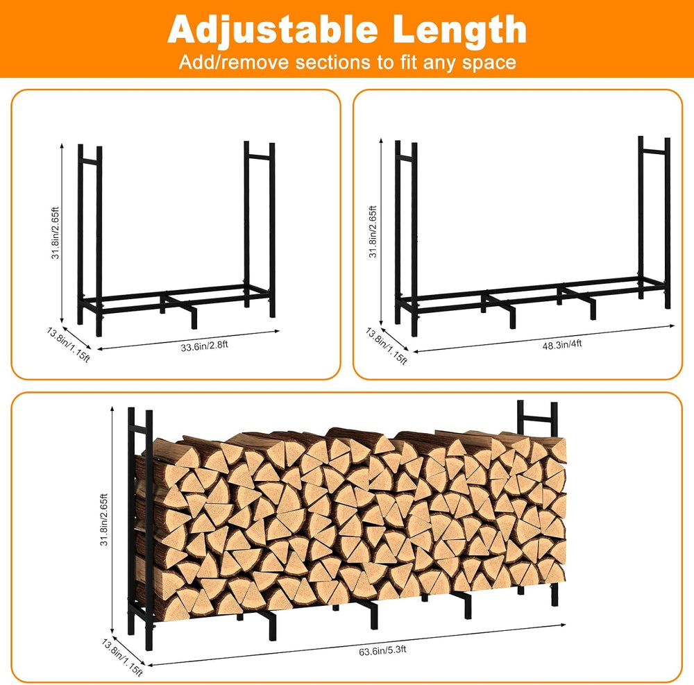 5.3ft Black Firewood Rack Outdoor, Heavy Duty Adjustable