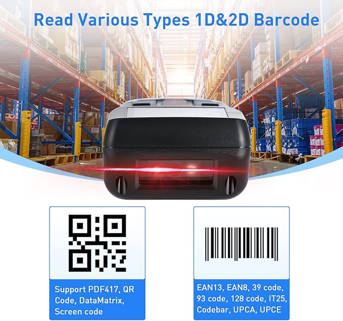 JRHC Wireless Barcode Scanner, Portable Inventory Scanner 1D 2D&PDF417 Data
