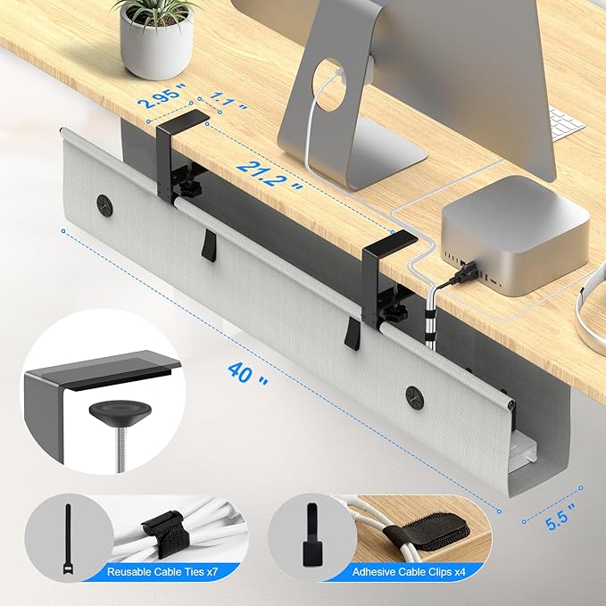 KIGJU Under Desk Cable Management Tray, 40-inch No-Drill Cord Organizer