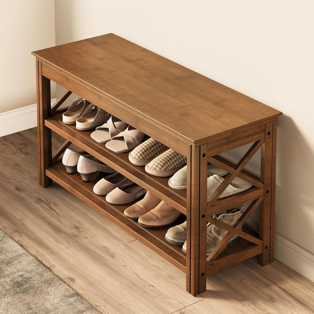 Bamworld Shoe Rack Bench with Storage 3 Tier Bamboo Shoe Bench Entryway Rusti...