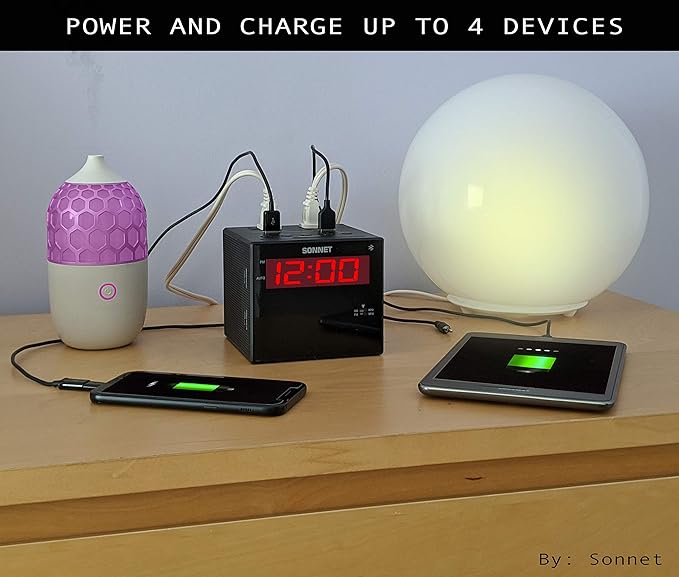 Sonnet Alarm Clock Charging Station, AM FM Radio, Dual USB Charging Ports