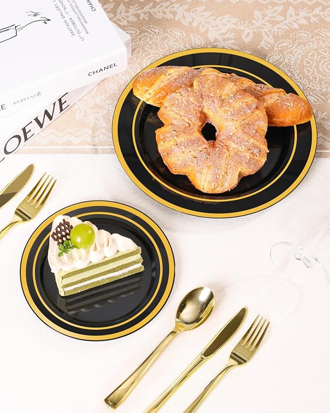 100PCS Black Plastic Plates Set with Gold Rim, 50 10.25 inch Dinner Plates an...