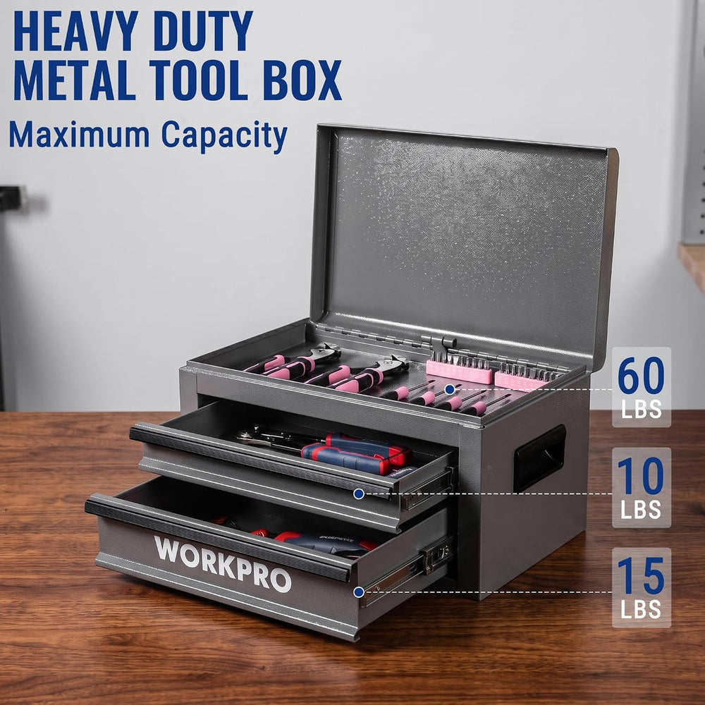 WORKPRO 15-Inch Metal Tool Box with 2 Drawers & Top Storage