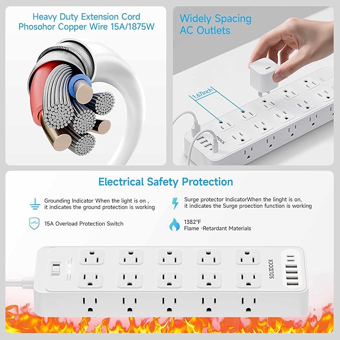 Solidock Power Strip Surge Protector Flat Plug