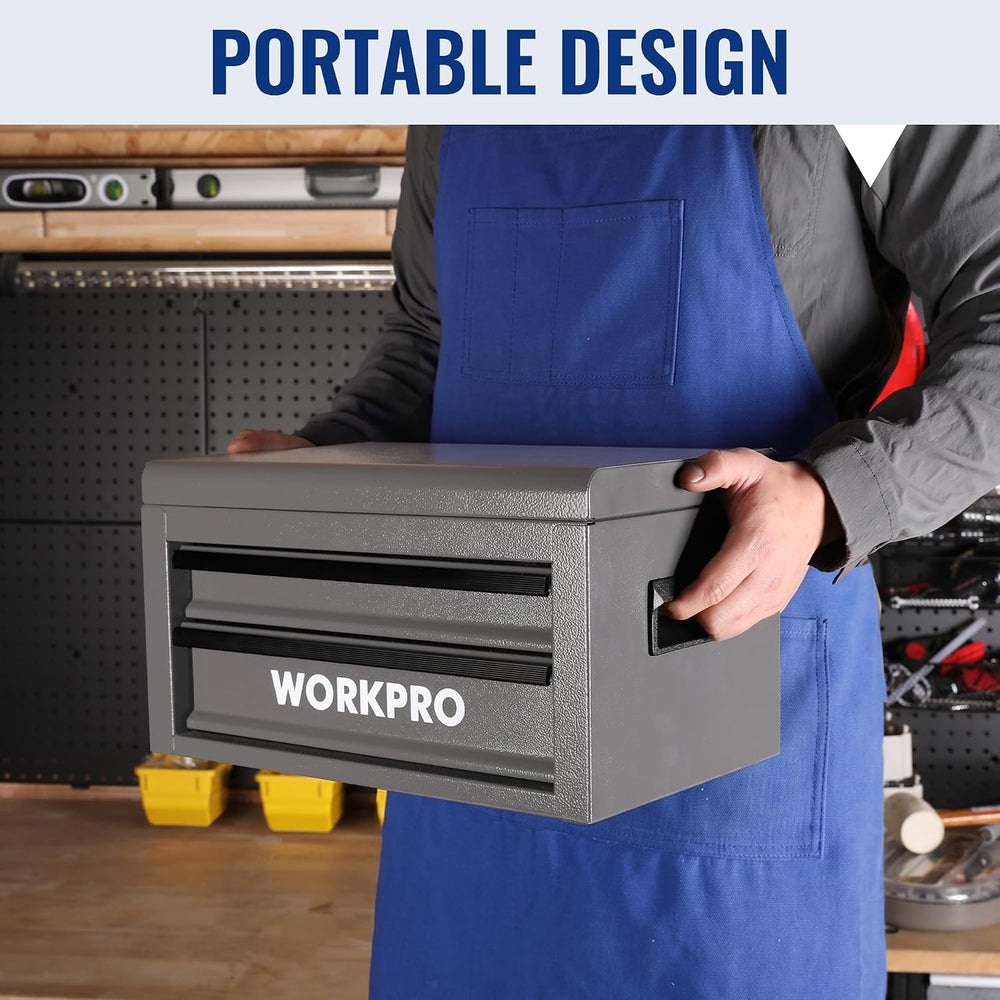 WORKPRO 15-Inch Metal Tool Box with 2 Drawers & Top Storage