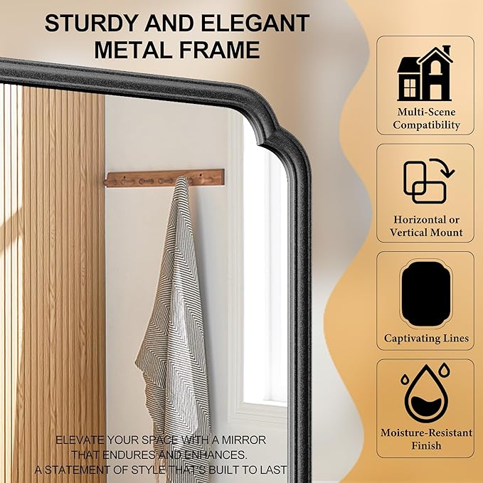 22x34 Inch Black Bathroom Mirror, Metal Framed Wall Mirror