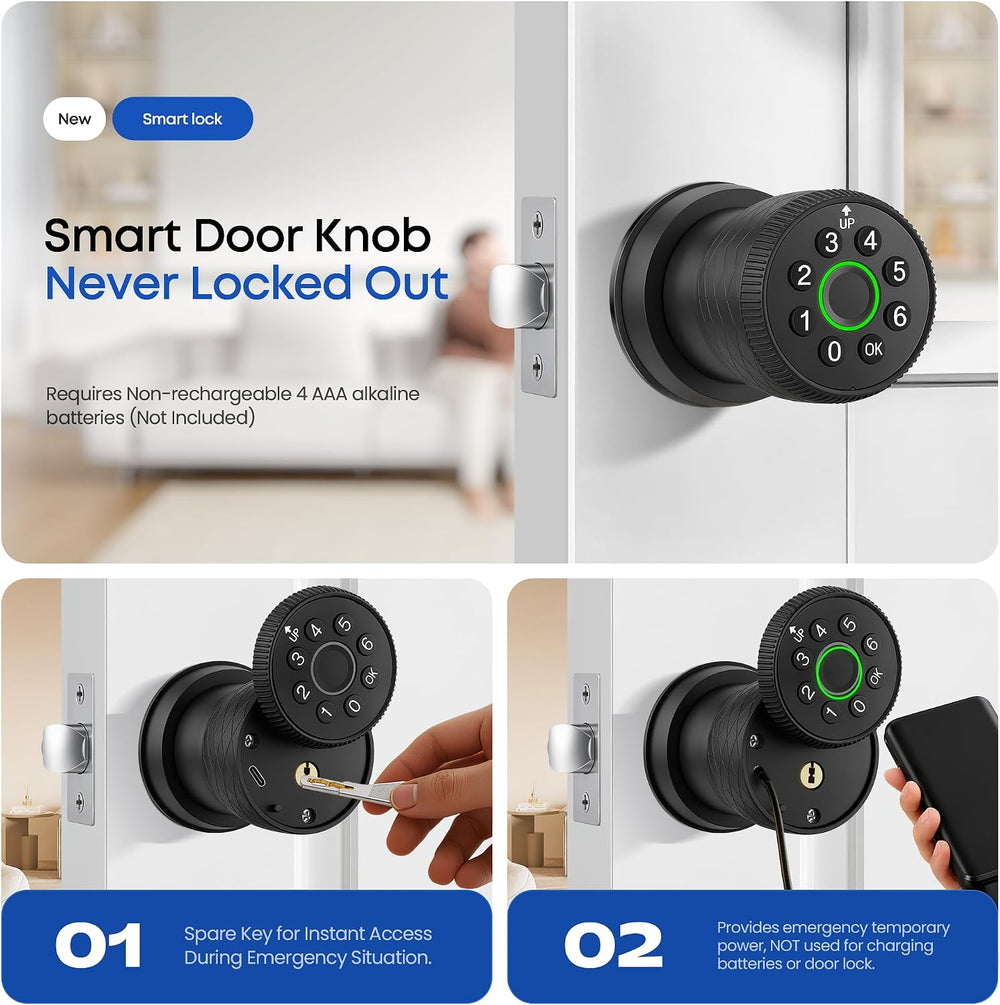 Keypad Door Lock with Knob, Smart Keyless Entry Lock with Code for Bedroom