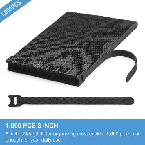 1,000 PCS 8 Inches Reusable Cable Ties | Adjustable Cord Wraps, Cable Straps | Hook & Loop Cord Organizer, Cable Management (100 PCS x 10 Packs) (1000 PCS)