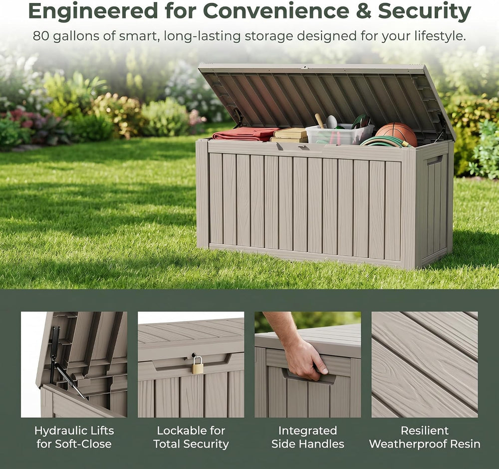 80 Gallon Deck Box, Waterproof Resin Outdoor Storage Box Lockable for Patio F...