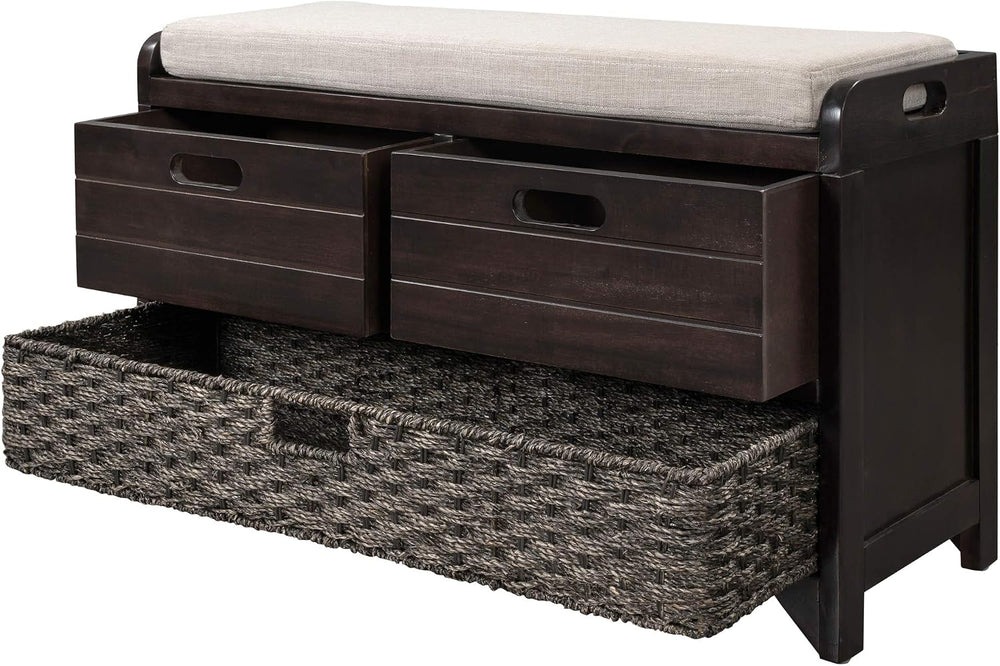 Knocbel Farmhouse Storage Bench with 2 Drawers, Removable Cushion and Wicker ...