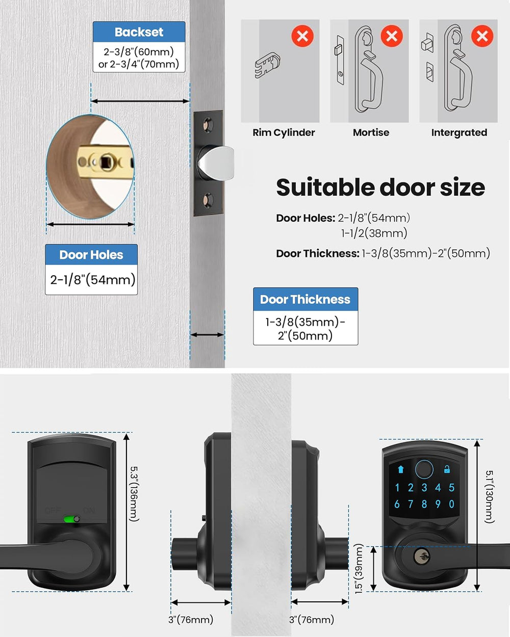 Smart Fingerprint Keyless Keypad Door Lock with Handle Biometrics Deadbolts