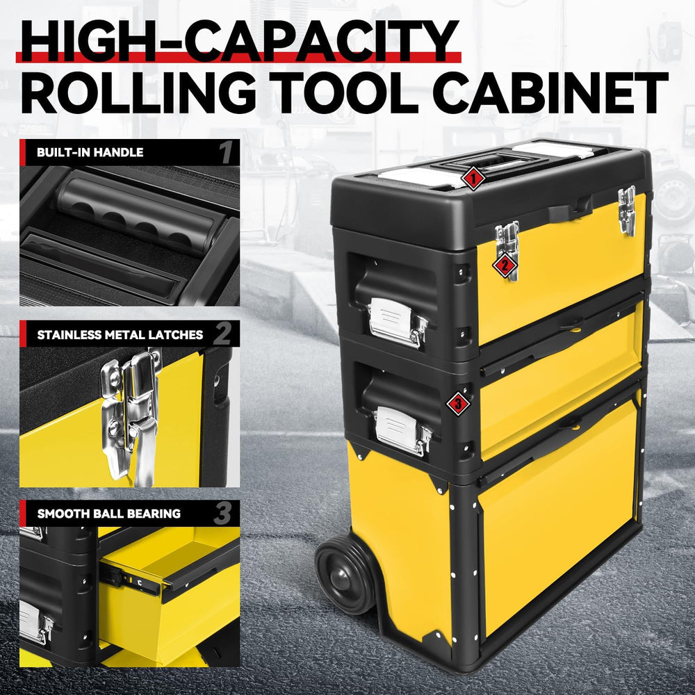 Auto Dynasty 3-Tier Rolling Trolley Tool Box Stackable w/Wheels, Yellow