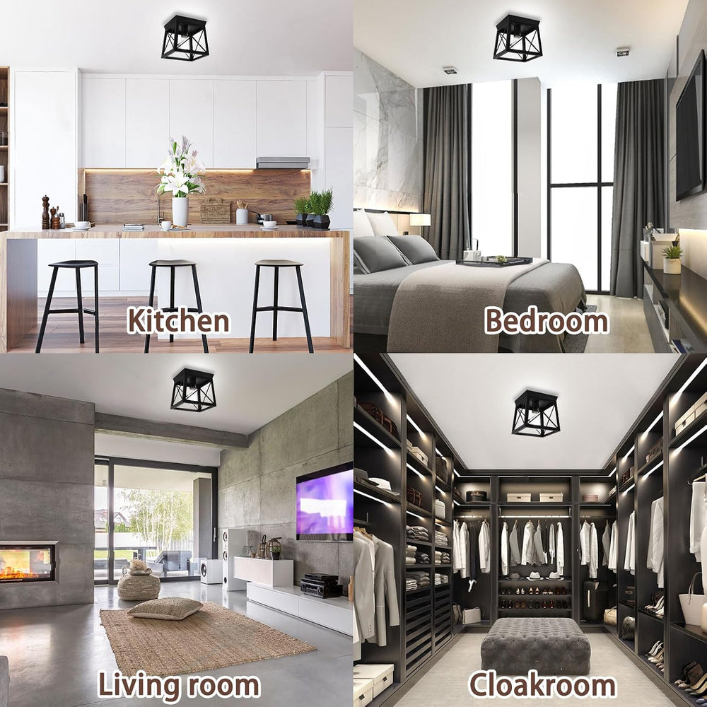 1 Light Black Industrial Flush Mount Ceiling Light Fixture - Square Farmhouse...