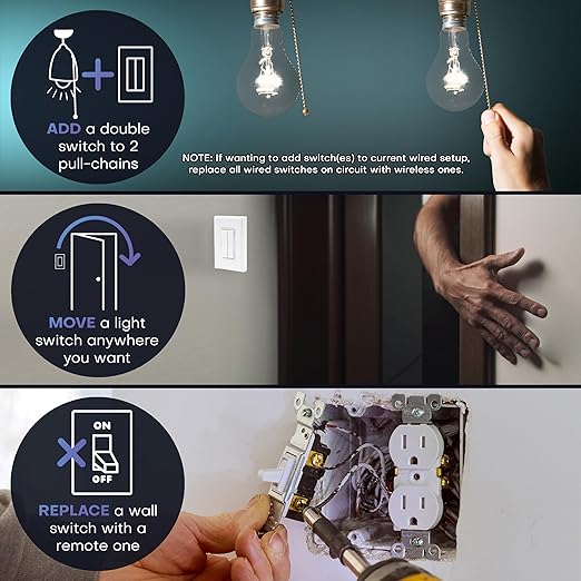 RunLessWire 3-Way Fan & Light Battery-Free DIY Kinetic Wireless Light Swi...