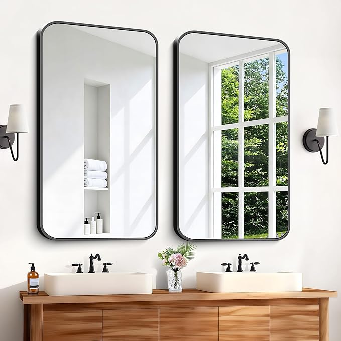 Black Bathroom Mirror, 28x42 inch Aluminum Metal Frame Rectangular Vanity Mirror