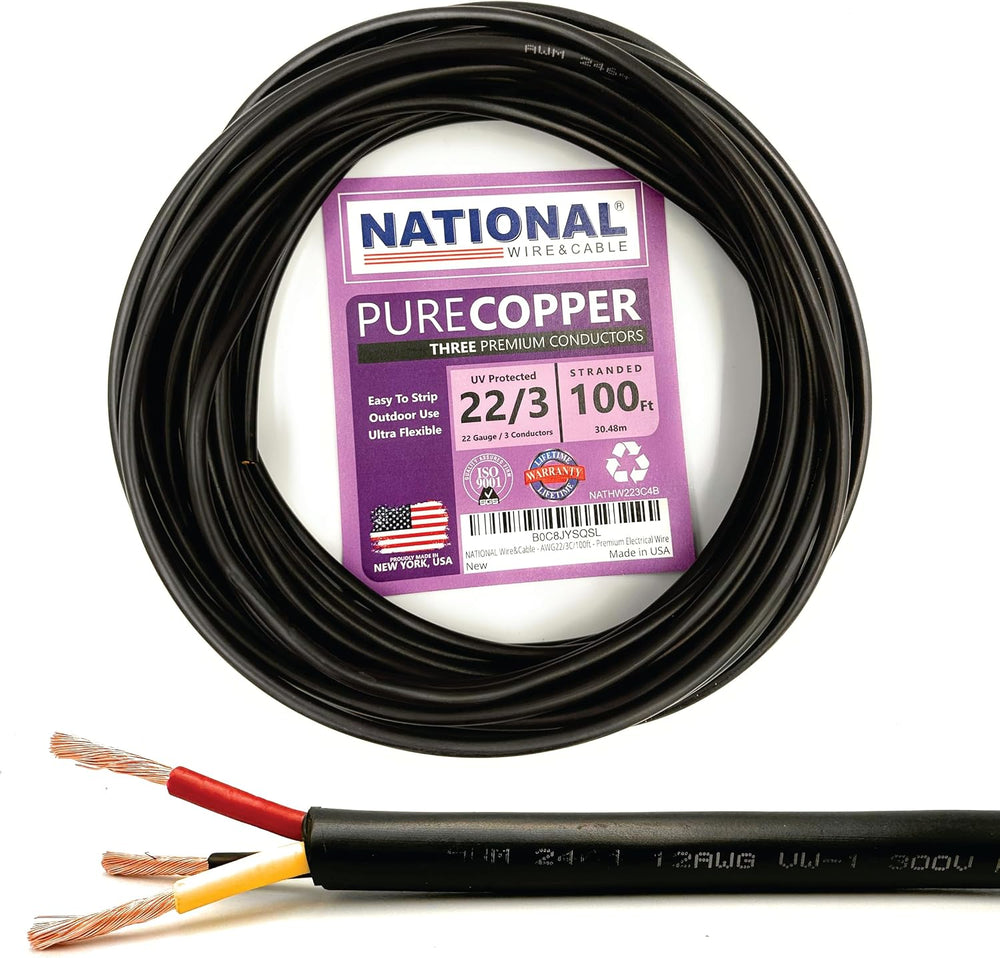 NATIONAL Wire & Cable – 22 AWG 3-Conductor Premium Copper Wire, 100 ft