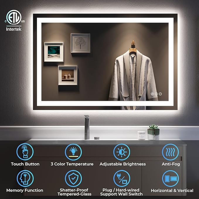 YEELAIT 48x32 Inch LED Bathroom Mirror