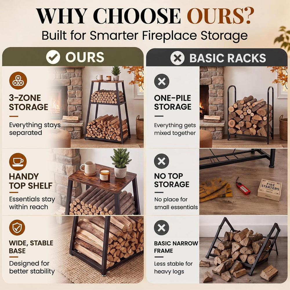 37" Firewood Rack, 3-Zone Log Holder for Indoor & Outdoor Use