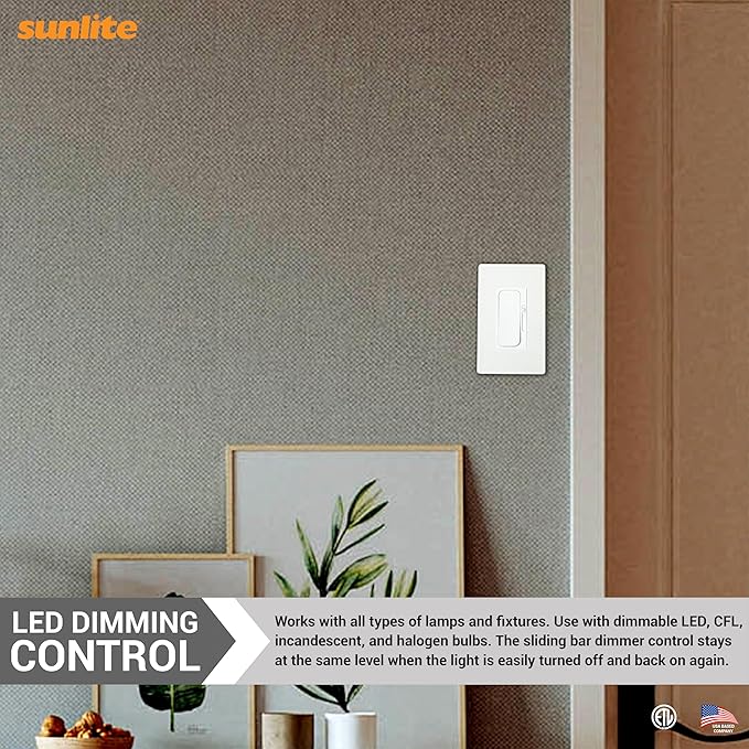 Sunlite LED Wall Rocker Style, Slide Bar Triac Dimmer Switch, Screwless Wall ...