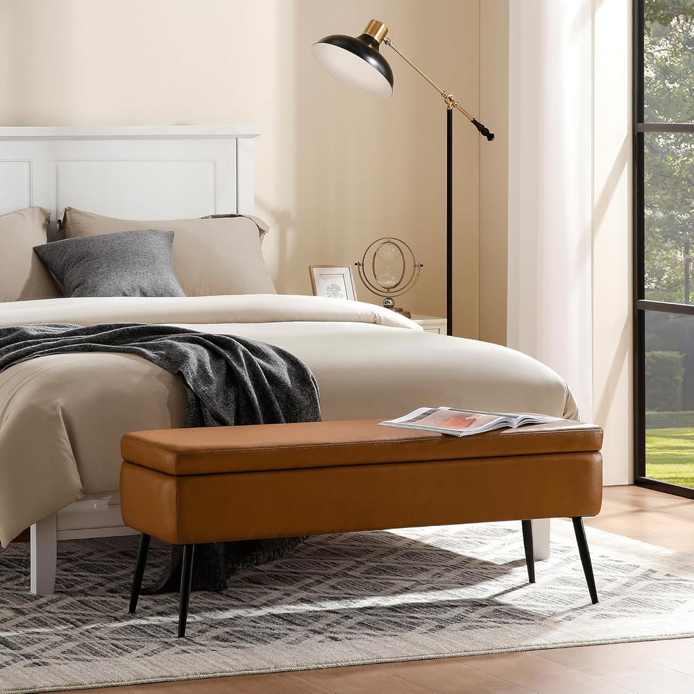 kinmars Leather Storage Ottoman Bench, End of Bed Bench with Steel Legs