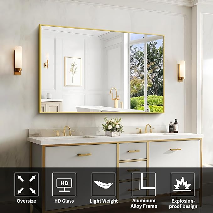 Gold Bathroom Mirror for Wall, 60x36 Inch Rectangle Mirrors