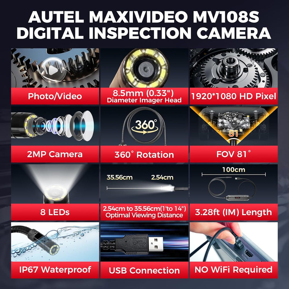 Autel MV108S 1080P HD Inspection Camera, 8.5mm Probe Wide-Angle Borescope, IP...