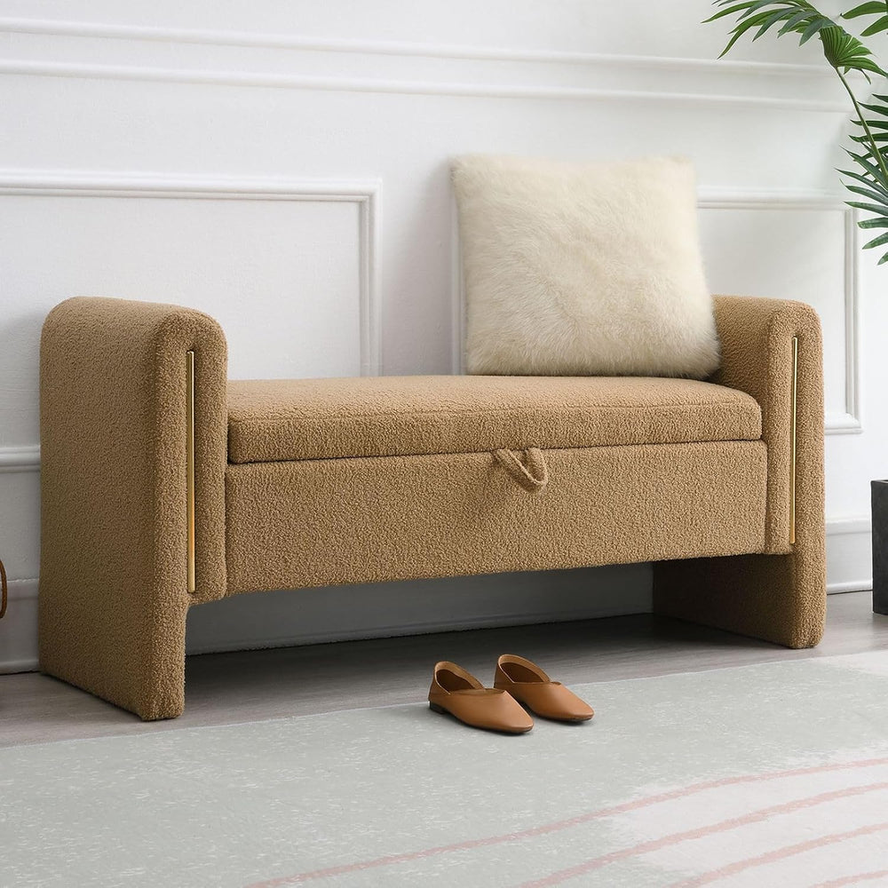 52" Upholstered Storage Bench, Brown, Armrests, Wood Frame