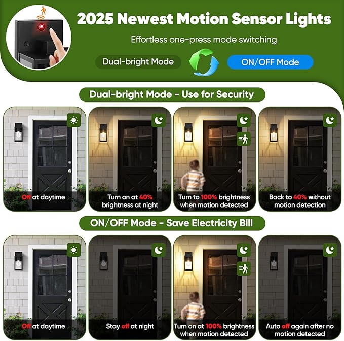 2-Pack Upgraded Motion Sensor Outdoor Wall Lights, 10.6” Small Dusk to Dawn