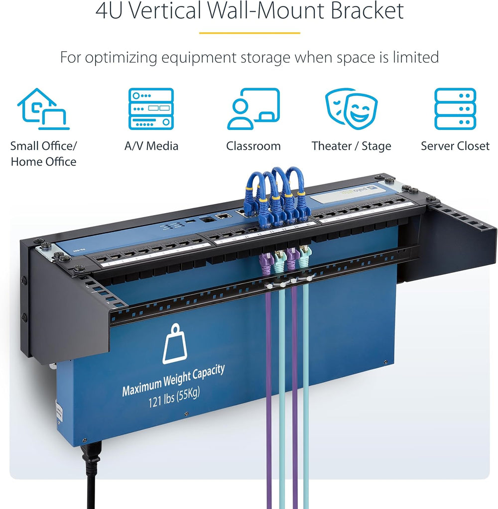 StarTech 4U Vertical Wall-Mount Bracket, 19in, 121lb, 55kg (RK419WALLV-N)