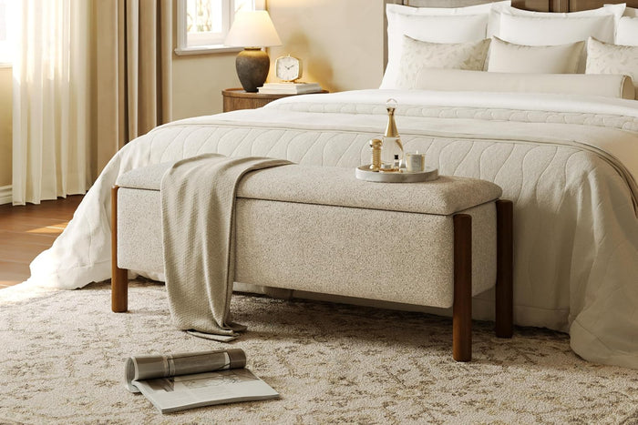 Modern Storage Benches with Walnut Wood Legs, 47'' Ottoman Bench with 20 Gallons Storage Space for Bedroom End of Bed, Fabric Upholstered Entryway Bench with Seating for Livingroom, Beige