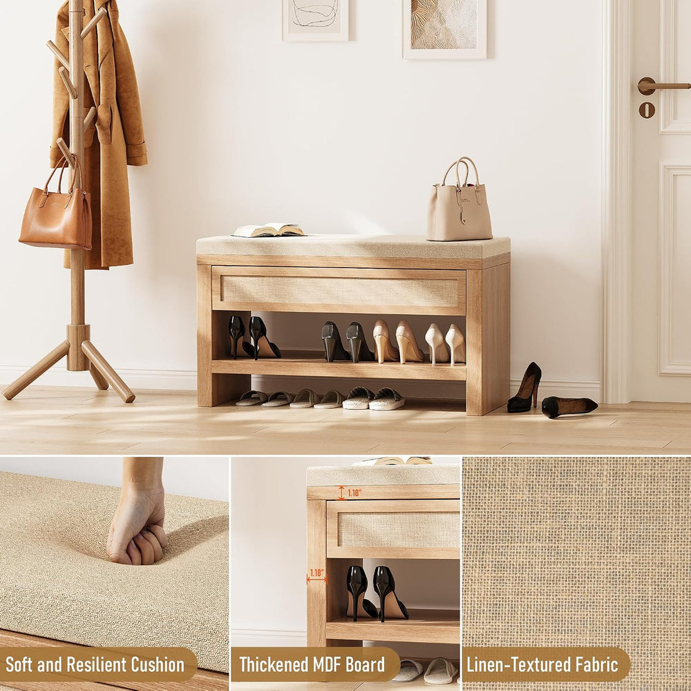 32” Shoe Bench with Storage Drawer, Farmhouse Entryway Bench with Linen Seat ...